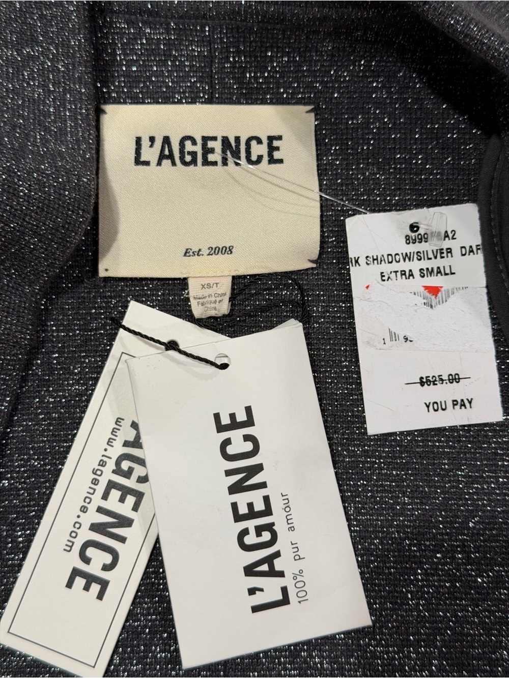 L'AGENCE Dark Shadow Silver Lurex Kenzie Metalic Knit Double Breasted Blazer NWT - Picture 4 of 7